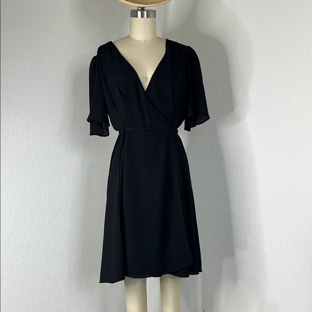 VTG Betsey Johnson Wrap Frill Sleeve V Neck Black Mini Dress